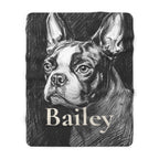 Personalized Boston Terrier sherpa fleece blanket, charcoal-style portrait with the dog's name across the lower part
