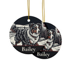 Front and back of the Australian Shepherd Christmas ornament: the same design prints on both sides