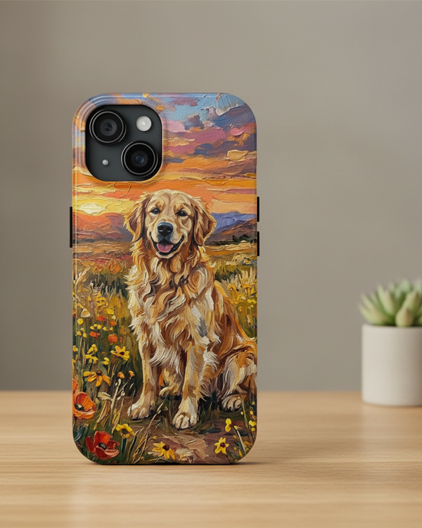 Golden Retriever Acrylic Sunset Prairie Phone Case | Premium Dog Art | Tritan