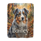 Personalized Australian Shepherd sherpa fleece blanket, watercolor-style portrait with the dog's name across the lower part