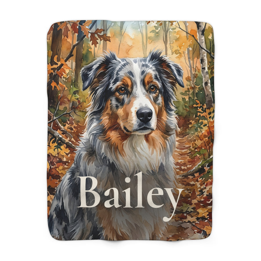 Personalized Australian Shepherd sherpa fleece blanket, watercolor-style portrait with the dog's name across the lower part