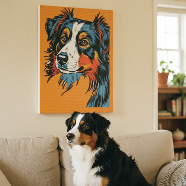 Comic Book Australian Shepherd Canvas — Bold Dog Wall Art — Lifestyle View