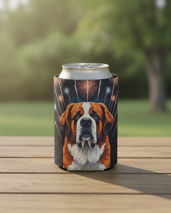 Saint Bernard Can Cooler, America 250 Patriotic Dog Pattern Drink Accessory, USA Dog Gift for St Bernard Lover, America 250 Party Favor