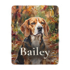 Personalized Beagle sherpa fleece blanket, watercolor-style portrait with the dog's name across the lower part