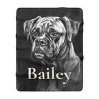Personalized Boxer sherpa fleece blanket, charcoal-style portrait with the dog's name across the lower part