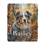 Personalized Australian Shepherd sherpa fleece blanket, watercolor-style portrait with the dog's name across the lower part