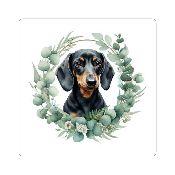 Dachshund Watercolor Botanical Wreath Kiss-Cut Stickers | Premium Dog Prints | Tritan