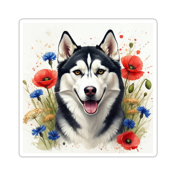 Siberian Husky Watercolor Wildflower Field Kiss-Cut Stickers | Premium Dog Prints | Tritan