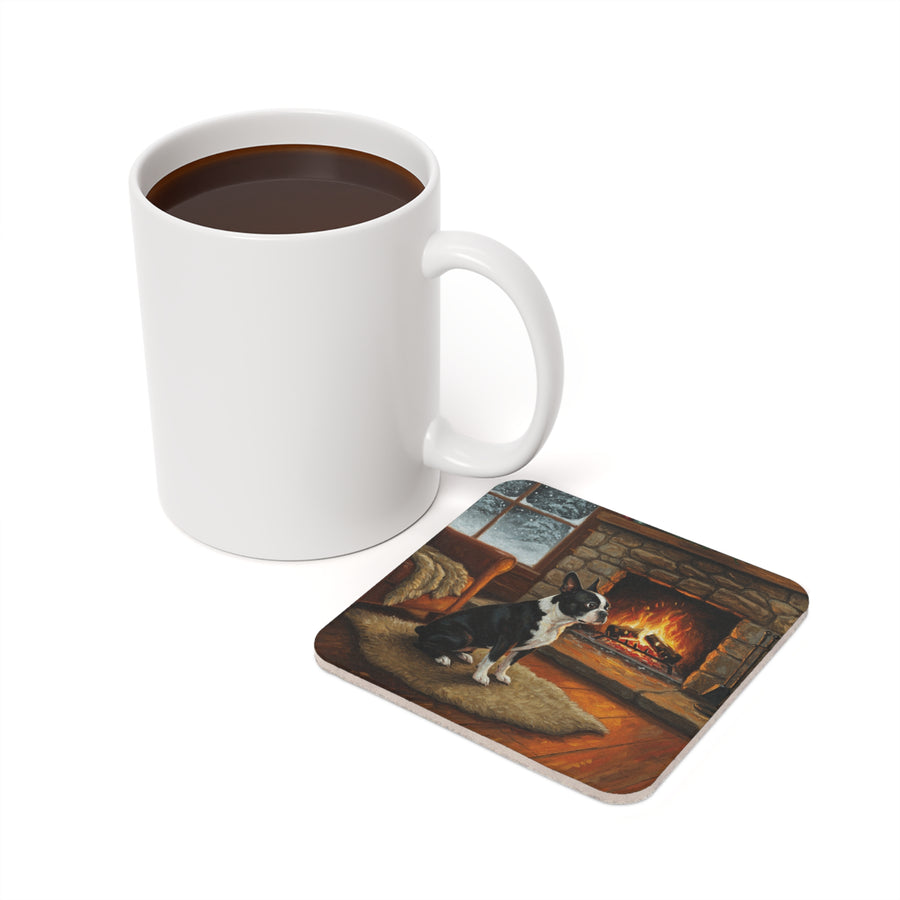 Acrylic Boston Terrier - Winter Hearth | Cork Back Coaster
