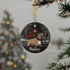 Personalized Boxer Christmas ornament hanging on a Christmas tree, shown with the sample name Bailey
