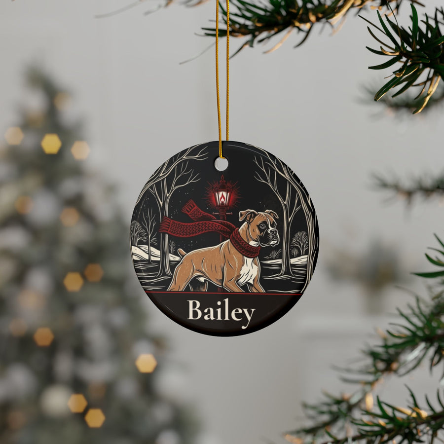 Personalized Boxer Christmas ornament hanging on a Christmas tree, shown with the sample name Bailey