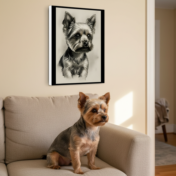 Yorkshire Terrier Charcoal Portrait Canvas Wall Art | Yorkie Dog Lover Gift | Pet Memorial Decor | Stretched Canvas Print — Lifestyle View