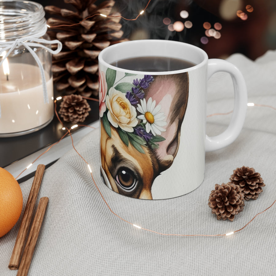 French Bulldog Watercolor Floral Crown Coffee Mug | Premium Dog Prints | Tritan — detail view