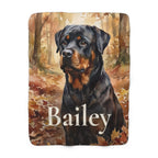 Personalized Rottweiler sherpa fleece blanket, watercolor-style portrait with the dog's name across the lower part