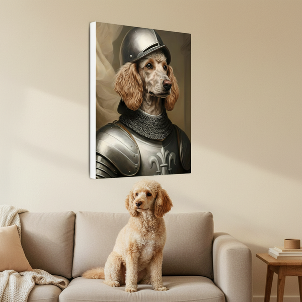 Poodle Medieval Knight Portrait Canvas Wall Art, Regal Dog Painting, Poodle Lover Gift, Stretched Canvas — Lifestyle View