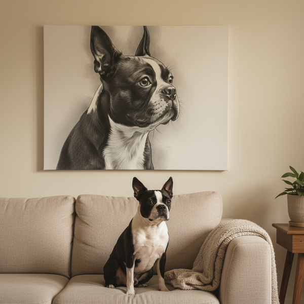 Boston Terrier Charcoal Portrait Canvas | Dog Lover Gift | Pet Memorial Wall Art | Modern Home Decor | Black & White Dog Painting Print — Lifestyle View