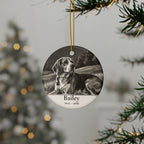 Personalized Beagle memorial ornament hanging on a Christmas tree, shown with the sample name Bailey