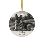 Front of the personalized German Shepherd memorial ornament, ceramic, 2.9 inches, with the sample name Bailey