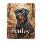 Personalized Rottweiler sherpa fleece blanket, watercolor-style portrait with the dog's name across the lower part