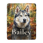 Personalized Siberian Husky sherpa fleece blanket, watercolor-style portrait with the dog's name across the lower part