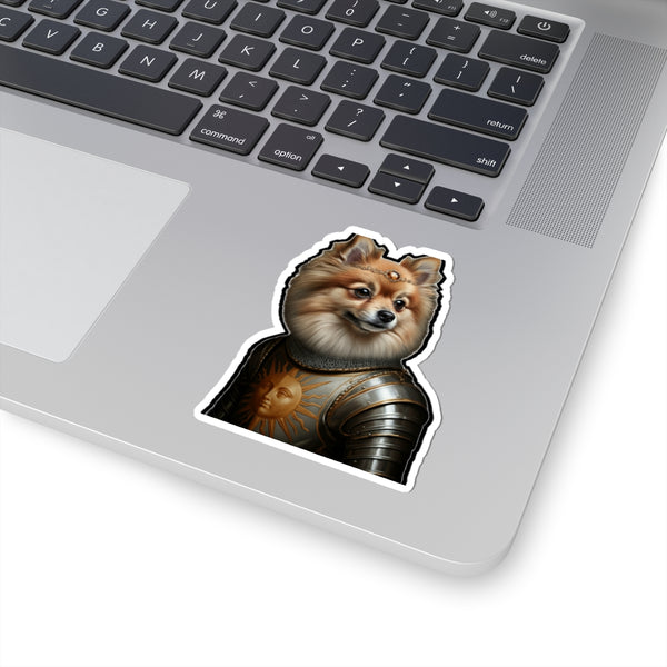 Pomeranian Medieval Knight Portrait Sticker, Dog Portrait Vinyl Decal, Kiss-Cut Sticker, Pomeranian Lover Gift — Lifestyle View