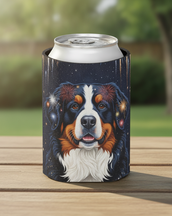 Bernese Mountain Dog Can Cooler, America 250 Patriotic Dog Pattern, Dog Lover Gift, Summer Party Accessory