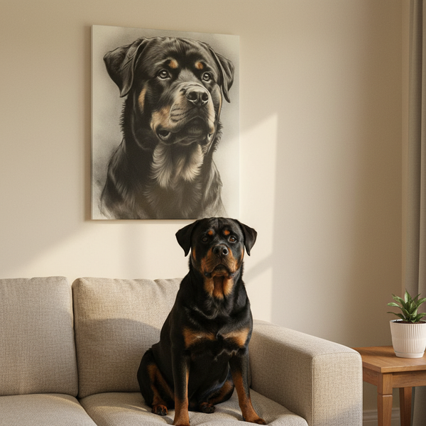 Rottweiler Wall Art, Charcoal Dog Portrait Canvas Print, Rotti Lover Gift, Modern Pet Art Decor — Lifestyle View