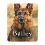 Personalized German Shepherd sherpa fleece blanket, watercolor-style portrait with the dog's name across the lower part
