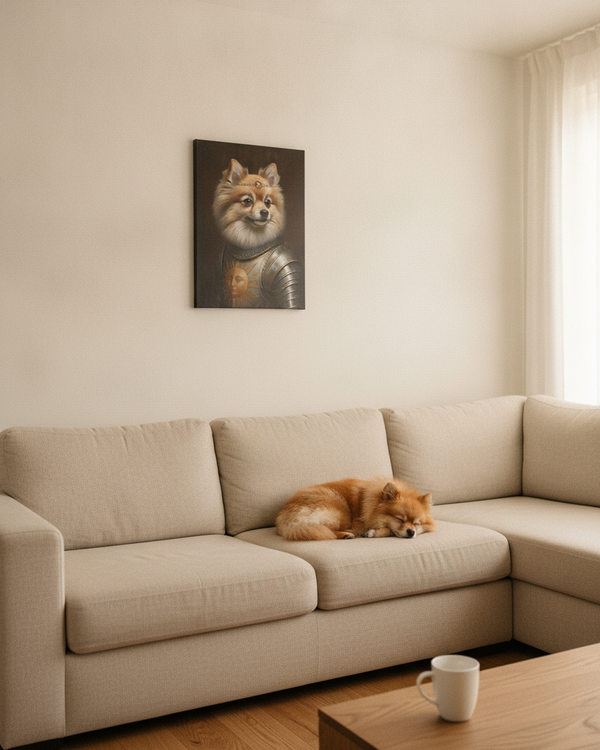 Pomeranian Medieval Knight Portrait Canvas Wall Art, Regal Dog Painting, Pomeranian Lover Gift, Stretched Canvas — Lifestyle View