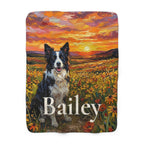 Personalized Border Collie sherpa fleece blanket, acrylic-style portrait with the dog's name across the lower part