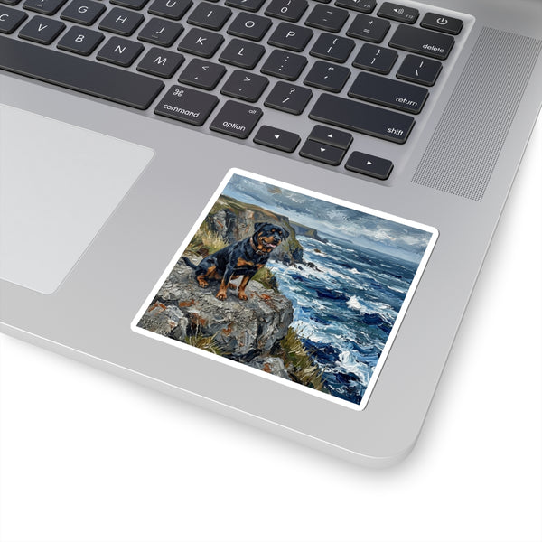 Rottweiler Coastal Cliffside Kiss-Cut Stickers | Acrylic Painting Style — Lifestyle View
