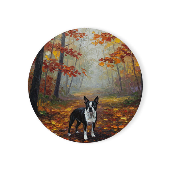 Acrylic Boston Terrier - Autumn Woods | Cork Back Coaster