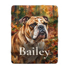 Personalized English Bulldog sherpa fleece blanket, watercolor-style portrait with the dog's name across the lower part