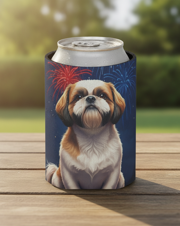 Shih Tzu America 250 Can Cooler, Patriotic Dog Pattern Gift for Dog Lovers, American Flag Pet Art America 250 Party Decor, Premium Drink Sleeve