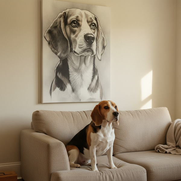 Beagle Charcoal Portrait Canvas Art | Realistic Dog Sketch Wall Decor | Pet Lover Gift | Stretched Canvas Print | Dog Memorial Artwork — Lifestyle View