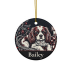 Front of the personalized Cavalier King Charles Spaniel Christmas ornament, ceramic, 2.9 inches, with the sample name Bailey