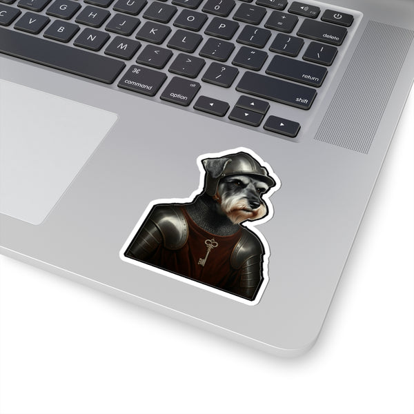 Miniature Schnauzer Medieval Knight Portrait Sticker, Dog Portrait Vinyl Decal, Kiss-Cut Sticker, Miniature Schnauzer Lover Gift — Lifestyle View