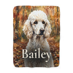 Personalized Poodle sherpa fleece blanket, watercolor-style portrait with the dog's name across the lower part
