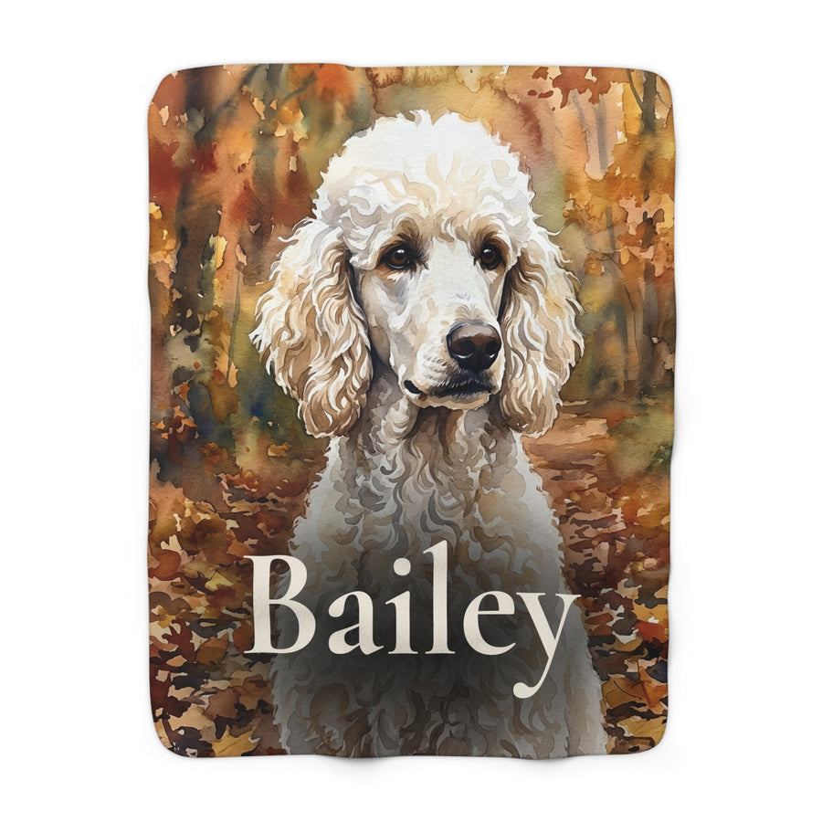 Personalized Poodle sherpa fleece blanket, watercolor-style portrait with the dog's name across the lower part