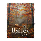 Personalized Shiba Inu sherpa fleece blanket, acrylic-style portrait with the dog's name across the lower part