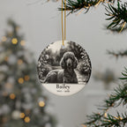 Personalized Poodle memorial ornament hanging on a Christmas tree, shown with the sample name Bailey