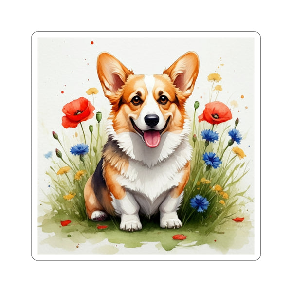 Corgi Watercolor Wildflower Field Kiss-Cut Stickers | Premium Dog Prints | Tritan