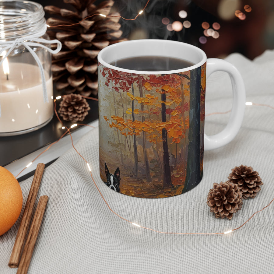 Acrylic Boston Terrier - Autumn Woods | Ceramic Mug 11oz