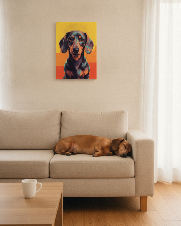 Dachshund Pop Art Canvas Wall Art | Doxie Dog Lover Gift | Modern Pet Decor | Vibrant Wiener Dog Art Print — Lifestyle View