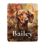 Personalized Dachshund sherpa fleece blanket, watercolor-style portrait with the dog's name across the lower part