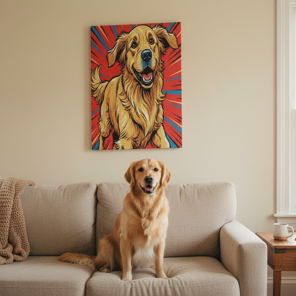 Golden Retriever Comic Pop Art Canvas - Dynamic Dog Print with Retro Halftone Style
