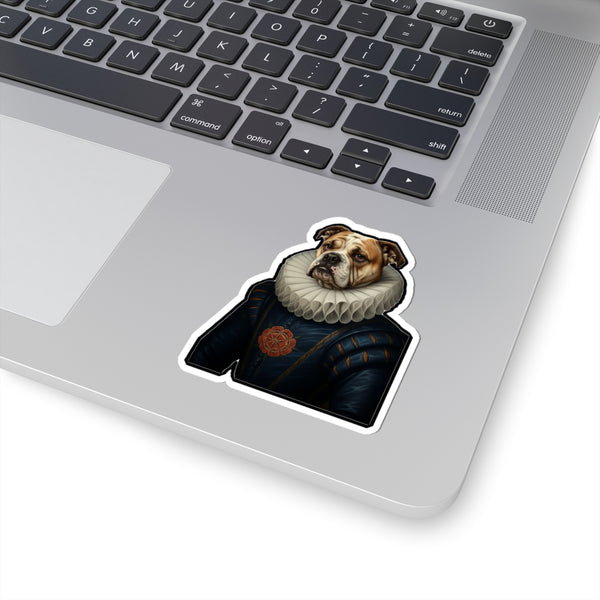 English Bulldog Renaissance Royal Portrait Sticker, Dog Portrait Vinyl Decal, Kiss-Cut Sticker, English Bulldog Lover Gift — Lifestyle View