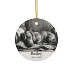 Front of the personalized Dachshund memorial ornament, ceramic, 2.9 inches, with the sample name Bailey