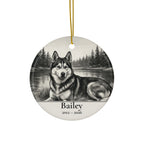 Front of the personalized Siberian Husky memorial ornament, ceramic, 2.9 inches, with the sample name Bailey