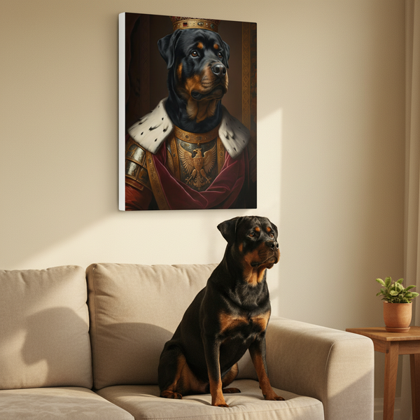 Rottweiler Renaissance Royal Portrait Canvas Wall Art, Regal Dog Painting, Rottweiler Lover Gift, Stretched Canvas — Lifestyle View